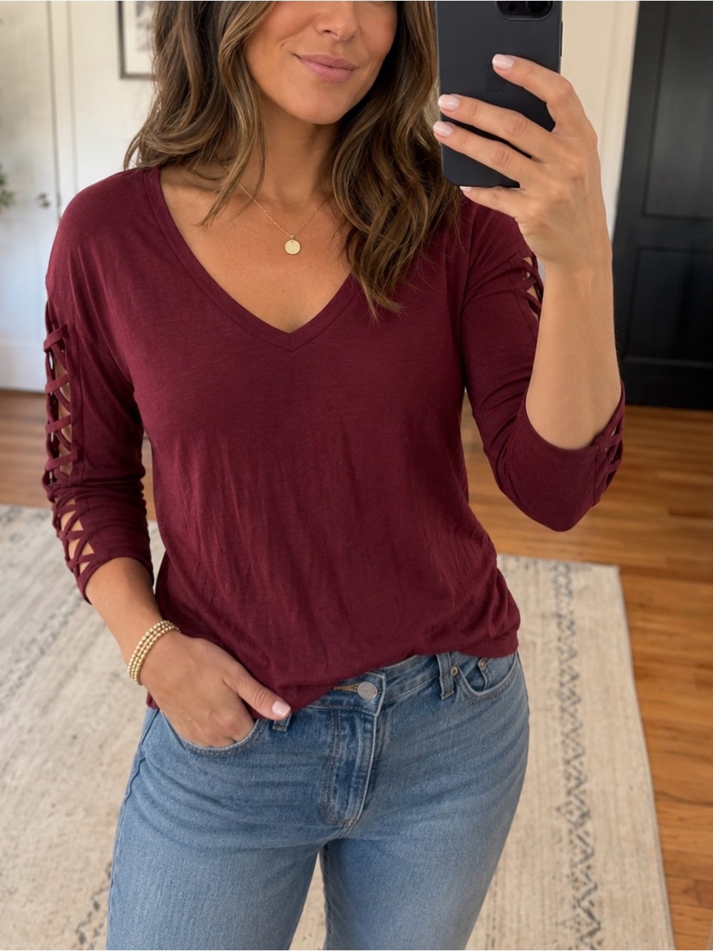 Express Burgundy V-Neck Long Sleeve Top with Lattice Sleeves